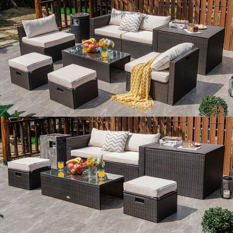 Mondawe 8 Pieces Patio Space-Saving Rattan Furniture Set with Storage Box and Waterproof Cover