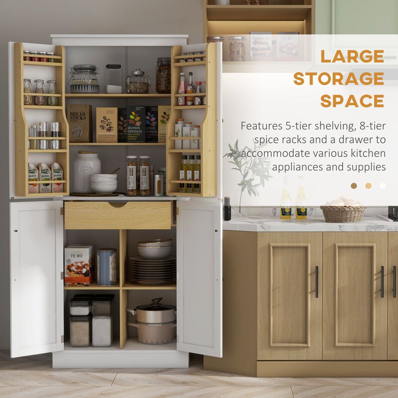 72" Modern Kitchen Pantry: 5-Tier, 8 Spice Racks, Drawer