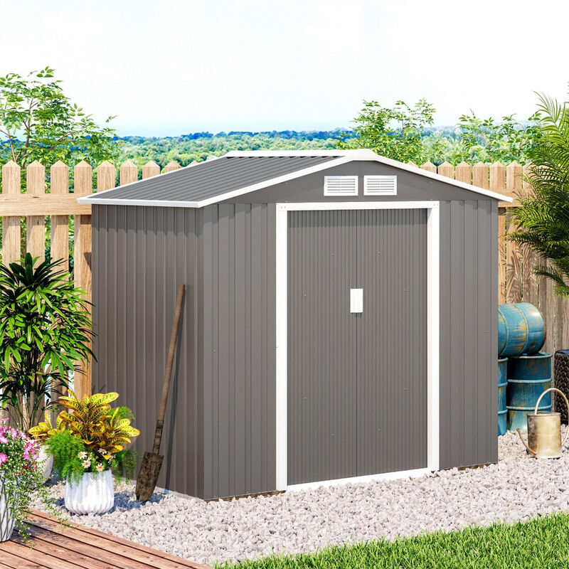 Compact Garden Vault: 7'x4' Grey/White Metal Utility Storage Shed