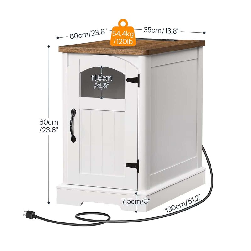 Side Table with USB Charging Station, Adjustable Shelf and Glass Door-White image number 2