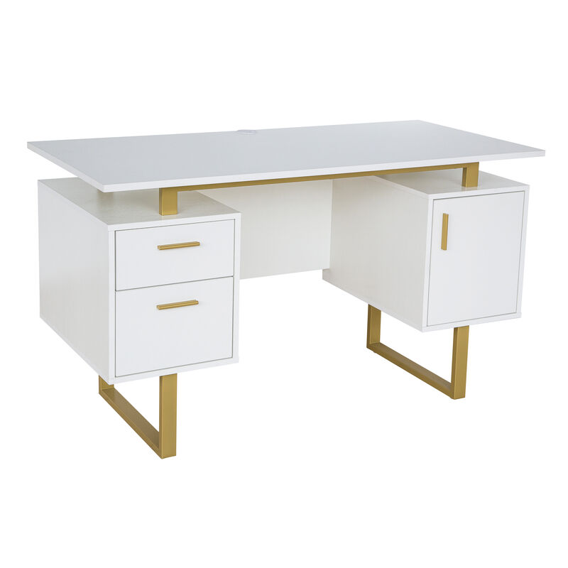 HomeRoots 51" Gray and Silver Wood and Steel Pedestal Executive Desk With Two Drawers image number 2