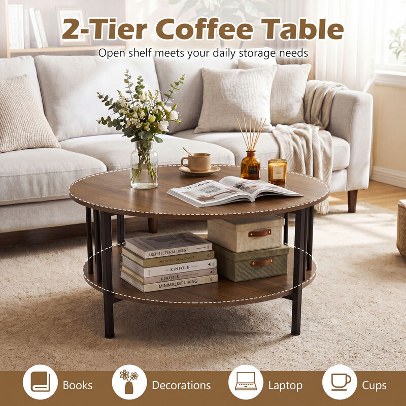 2 Tier Round Coffee Table with Open Storage Shelf and Metal Frame image number 5