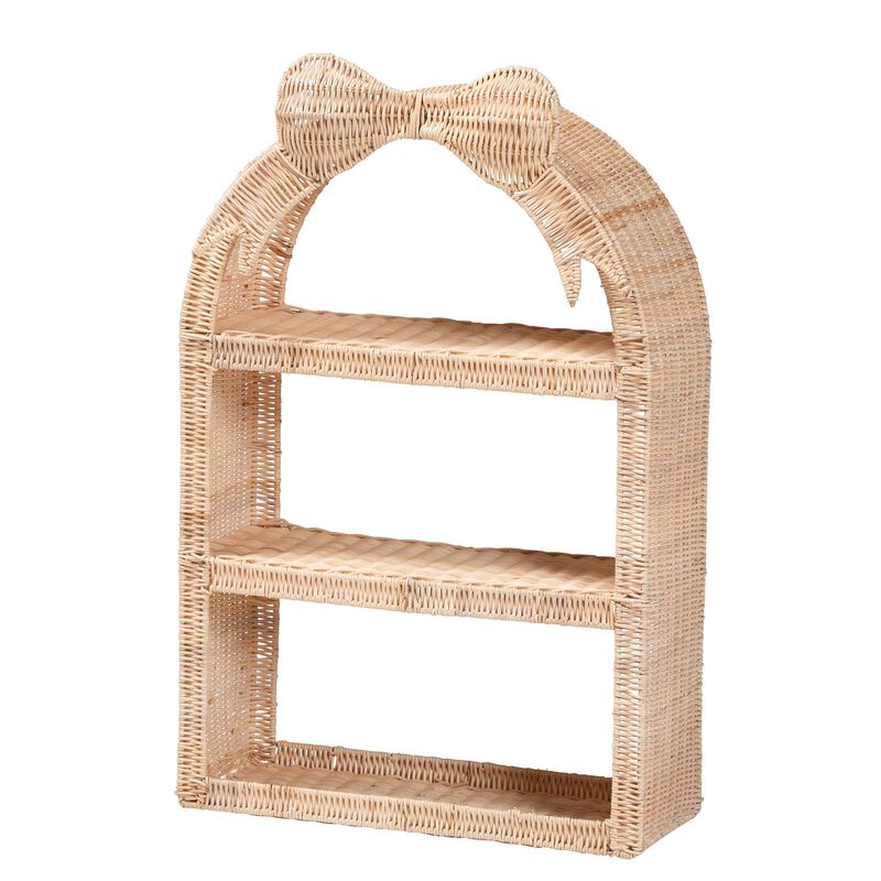 bali & pari Creusa Natural Rattan Wall Shelf - 3-Tier Decorative Storage Rack with Arched Frame and Woven Bow Accent, Boho Coastal Display Shelf