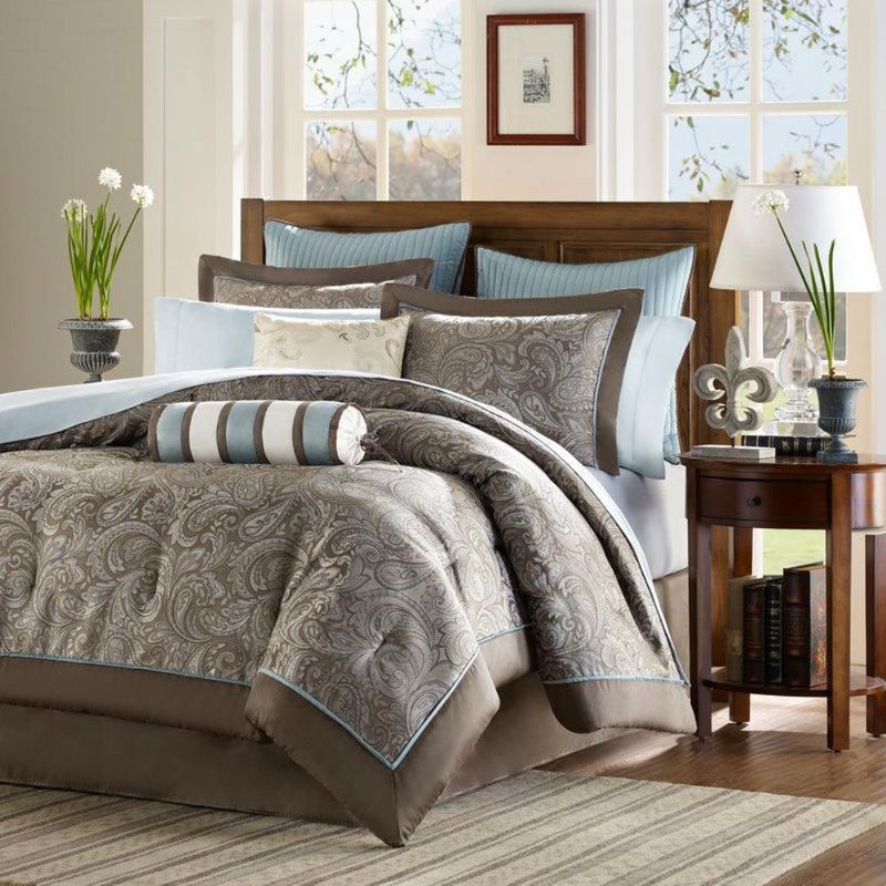 Hivvago California King 12-piece Reversible Cotton Comforter Set in Brown and Blue