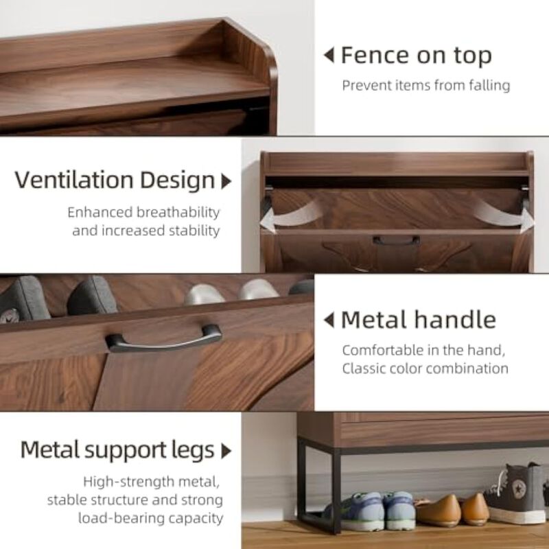 Slim Entryway Wood Shoe Storage Cabinet Flip Drawer Walnut image number 3
