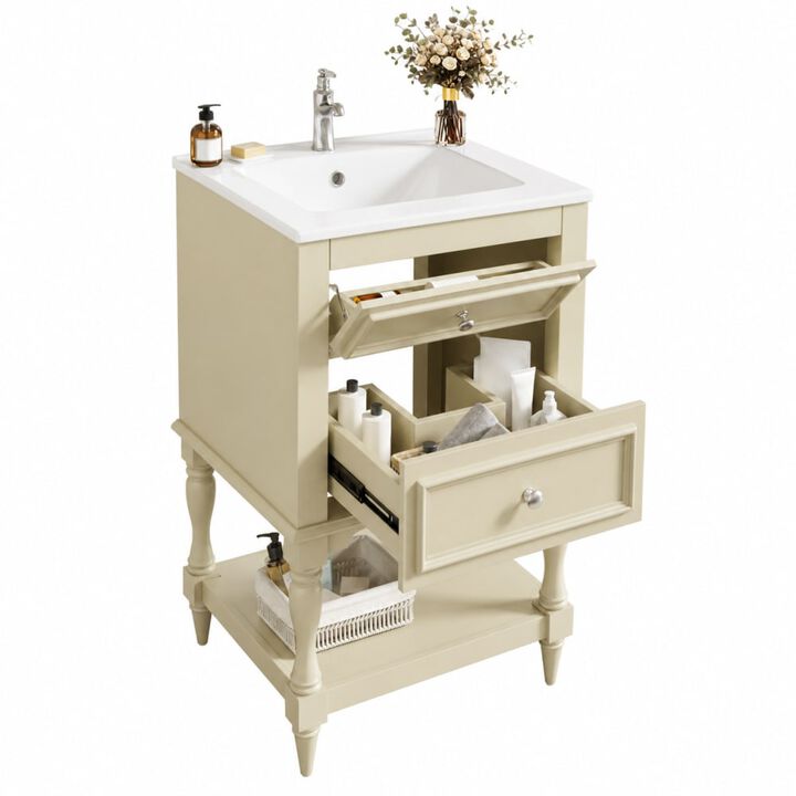 ELEMENT ACE 20 Inch Bathroom Vanity with Integrated Ceramic Sink, Freestanding Bathroom Cabinet with 2 Drawers and Open Shelf