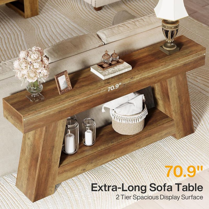Tribesigns Farmhouse 2-Tier Wood Console Table with Storage Shelf image number 3