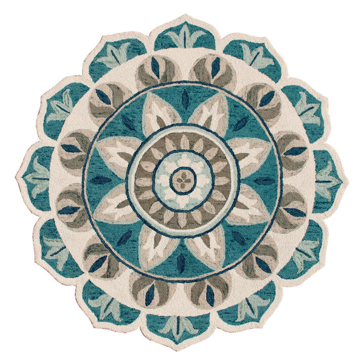 4 Blue Round Wool Floral Hand Tufted Area Rug