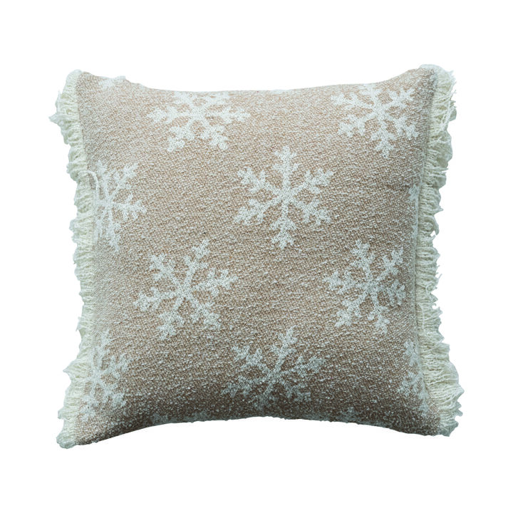 Square Woven Fabric Jacquard Two-Sided Pillow with Snowflake Pattern and Fringe, Beige and Natural