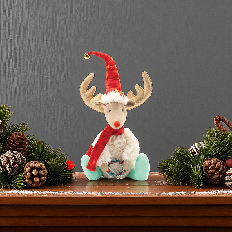 Decorative Plush Reindeer Shelf Sitter – Cute Holiday Reindeer Accent for Mantel, Bookshelf, or Christmas Centerpiece
