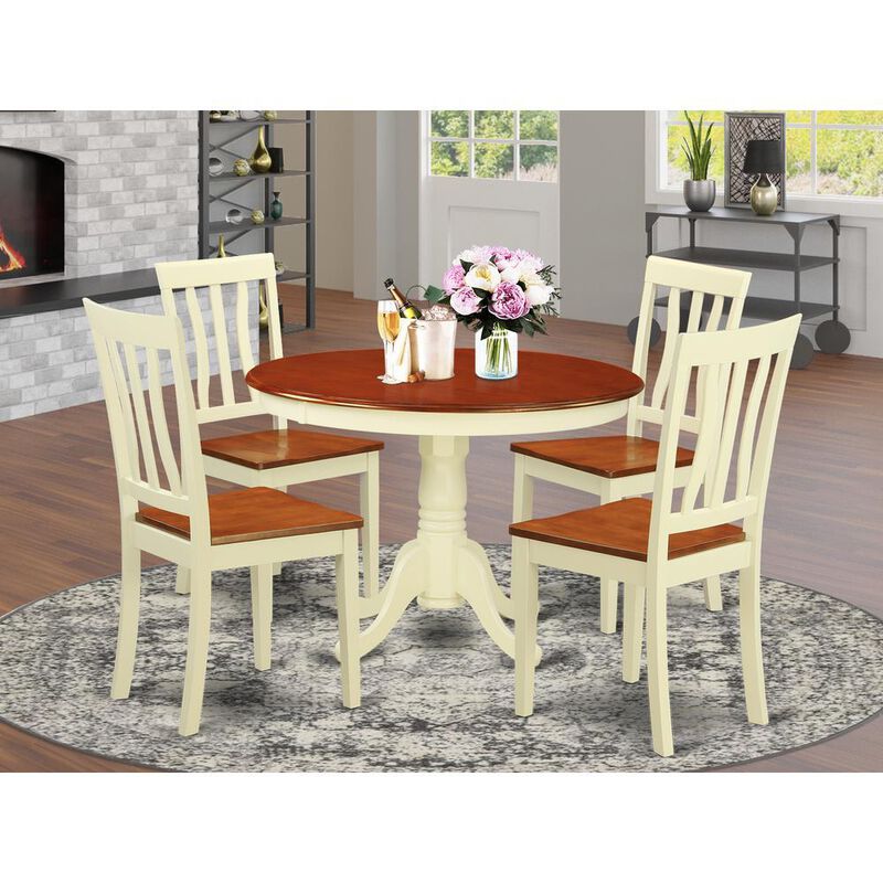 5 Pc set with a Round Small Table and 4 Wood Dinette Chairs in Buttermilk and Cherry .
