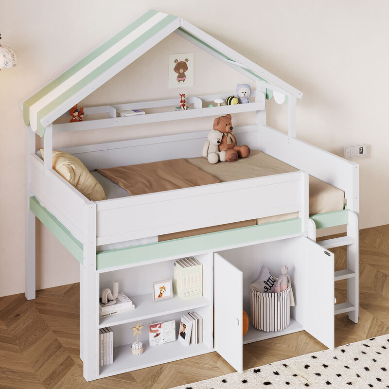 Merax Full Size Loft Bed with Canopy Roof and Storage Cabinet image number 1