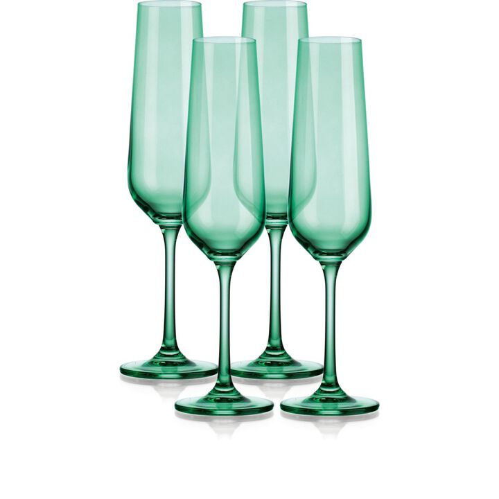 HomeRoots Set of Four Green Crystal Narrowing Shape Stemmed Flute