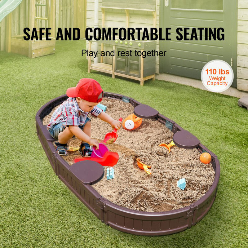 Kids Sandbox with Cover, Oval Sand Pit with 4 Corner Seats for Outdoor Play image number 3
