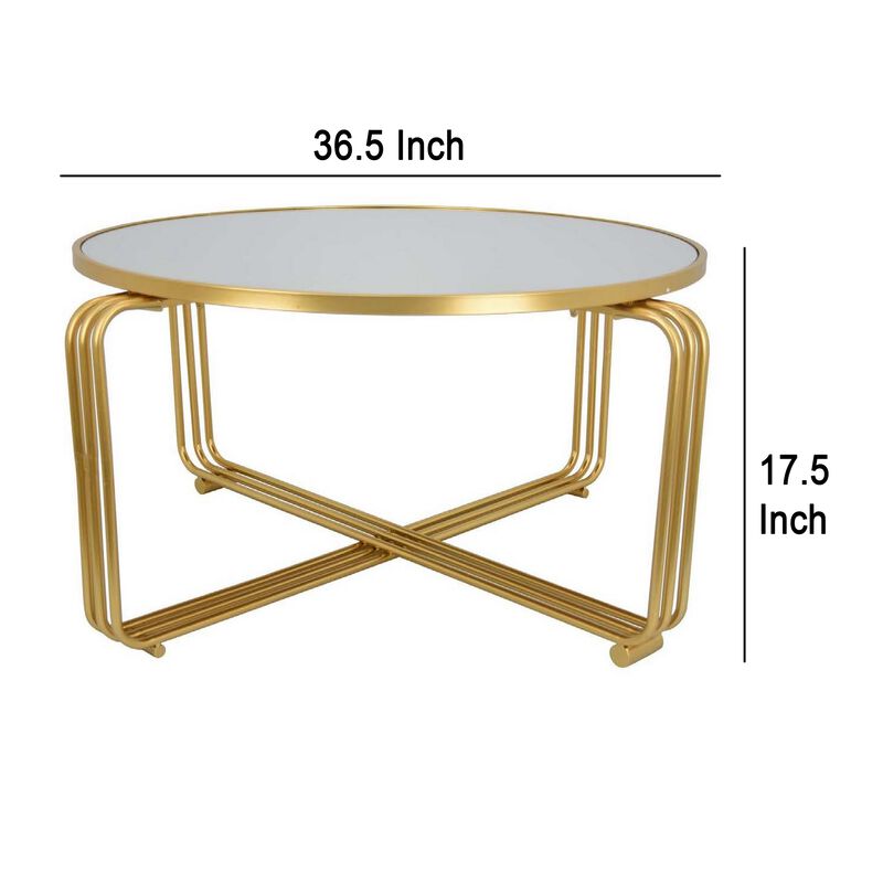 Plant Stand Coffee Table, 37 Inch Round Mirror Top, Modern Gold Metal - Benzara