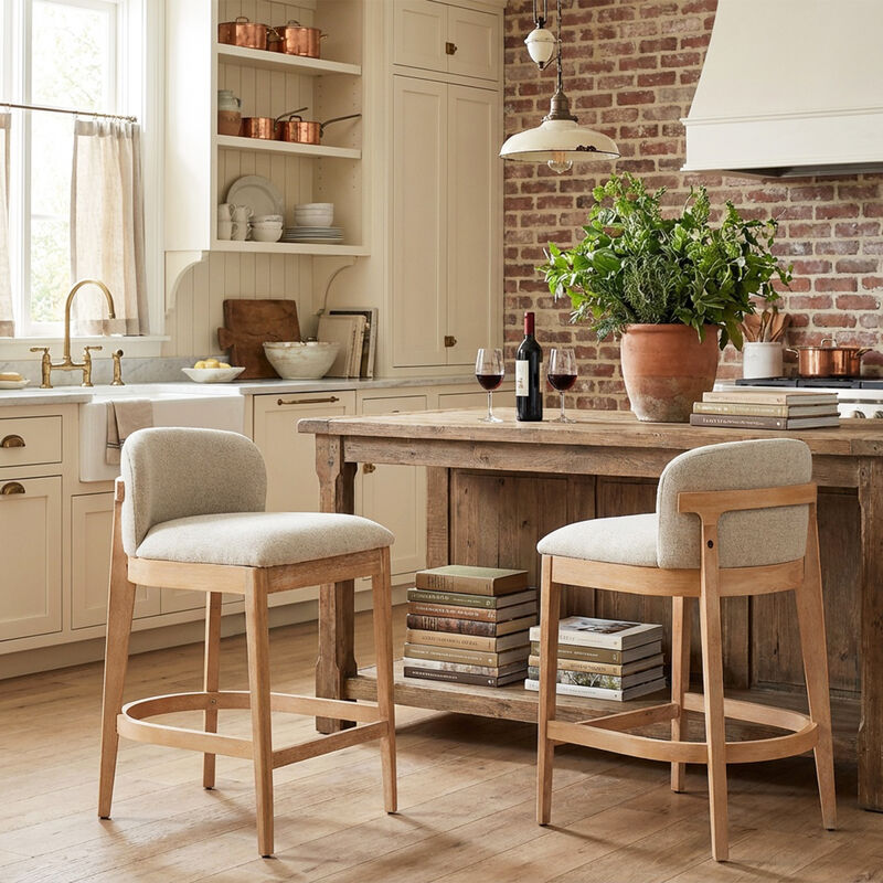 Christopher Knight Home Truda Farmhouse Rubberwood Upholstered Counter Stools with Curved Backrest (Set of 2) image number 1
