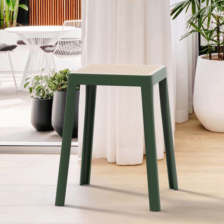 LeisureMod Tresse Stackable Square Dining Stool with Wicker Top, Lightweight Durable Design for Kitchen, Garden, Balcony, Cafe, Deck, or Terrace Use