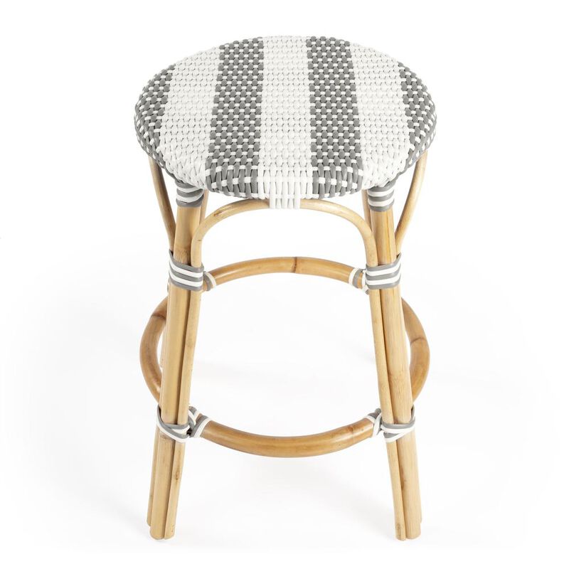 Butler Specialty Tobias Rattan Round 24 Counter Stool, Gray and White Stripe