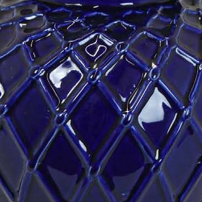 Livie 14 Inch Temple Ginger Jar, Geometric Design, Dome Lid, Ceramic, Blue - Benzara