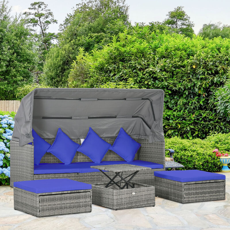 Outsunny 4 Piece Adjustable Canopy Outdoor Rattan Sofa Set Patio Furniture Wicker Sets with Height Adjustable Coffee Table & Cushions Dark Blue
