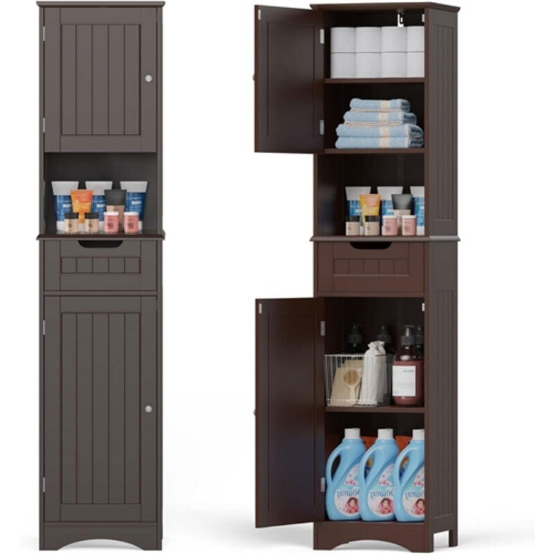 Slim Bathroom Linen Tower with Double Doors, Storage Drawer & Shelf