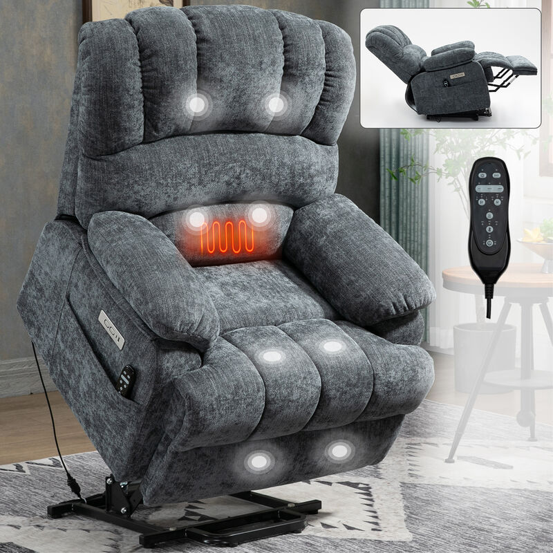 23" Seat Width and High Back Large Size Beige Chenille Power Lift Recliner Chair with 8-Point Vibration Massage and Lumbar Heating