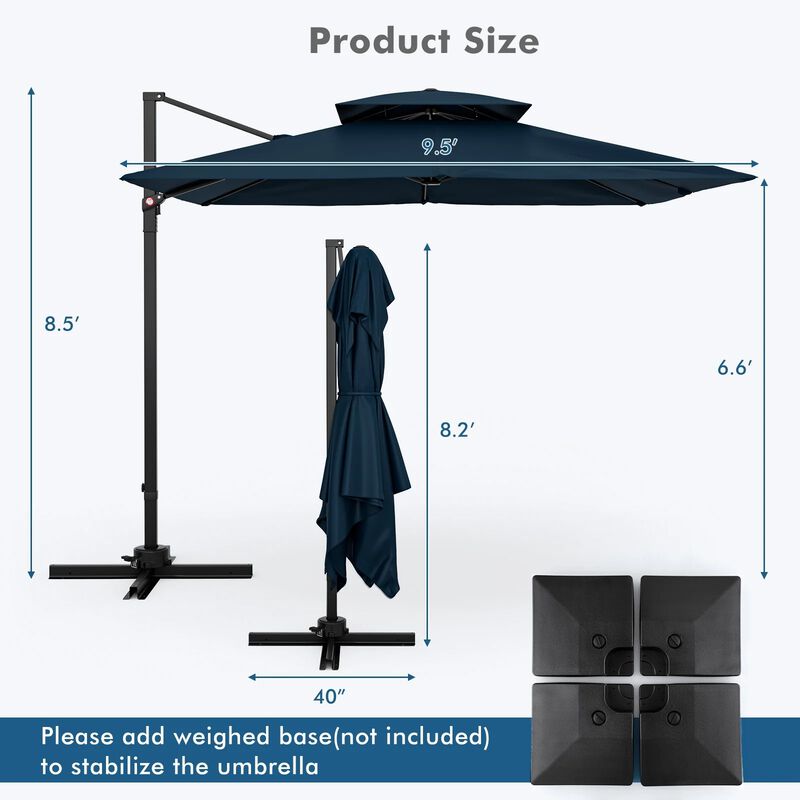 Mondawe 9.5 Feet Cantilever Patio Umbrella with 360&deg; Rotation and Double Top