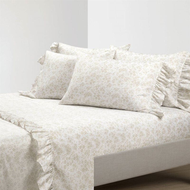 6 Piece Polyester Sheet Set Tan with Floral Print and Ruffle Detail