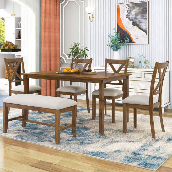 6-Piece Kitchen Dining Table Set Wooden Rectangular Dining Table, 4 Fabric Chairs and Bench