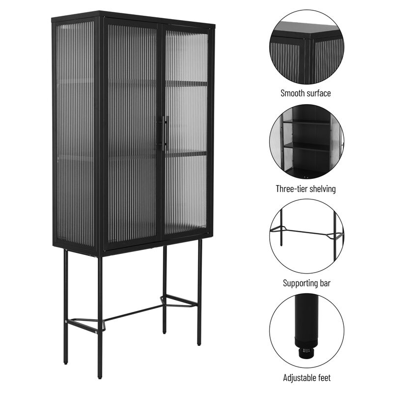 Elegant Floor Cabinet with 2 Tempered Glass Doors Living Room Display Cabinet with Adjustable Shelves Anti-Tip Dust-free Easy Assembly Black Color