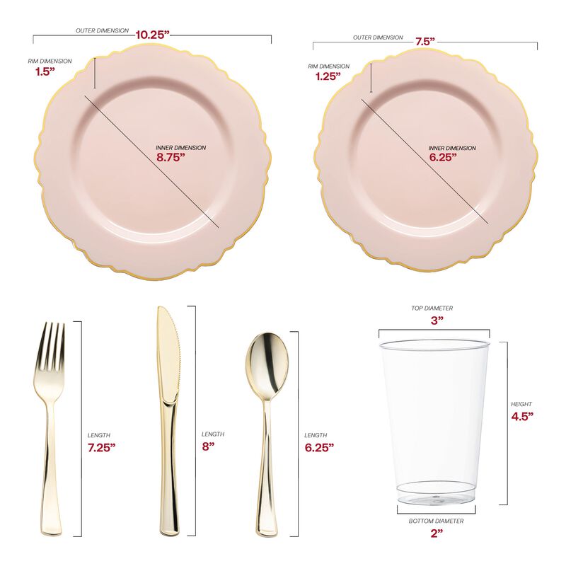 Pink with Gold Rim Round Blossom Plastic Wedding Value Set (30 Sets) image number 2