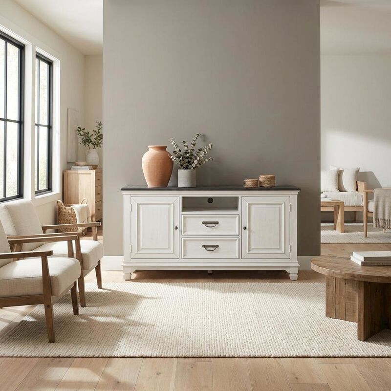 Liberty Furniture White Wirebrushed TV Console with Charcoal Top in Cottage Style image number 2