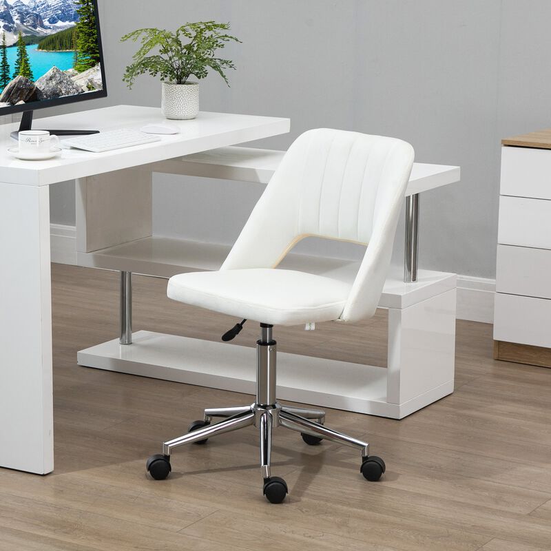 Modern Mid Back Office Chair with Velvet Fabric, Swivel Computer Armless Desk Chair with Hollow Back Design for Home Office, Cream White image number 2