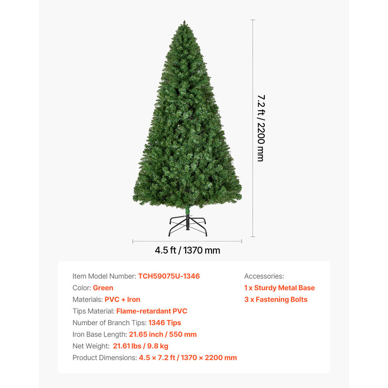 VEVOR Christmas Tree 7.2ft Artificial Xmas Decoration Tree 1346 Branch Tips image number 6