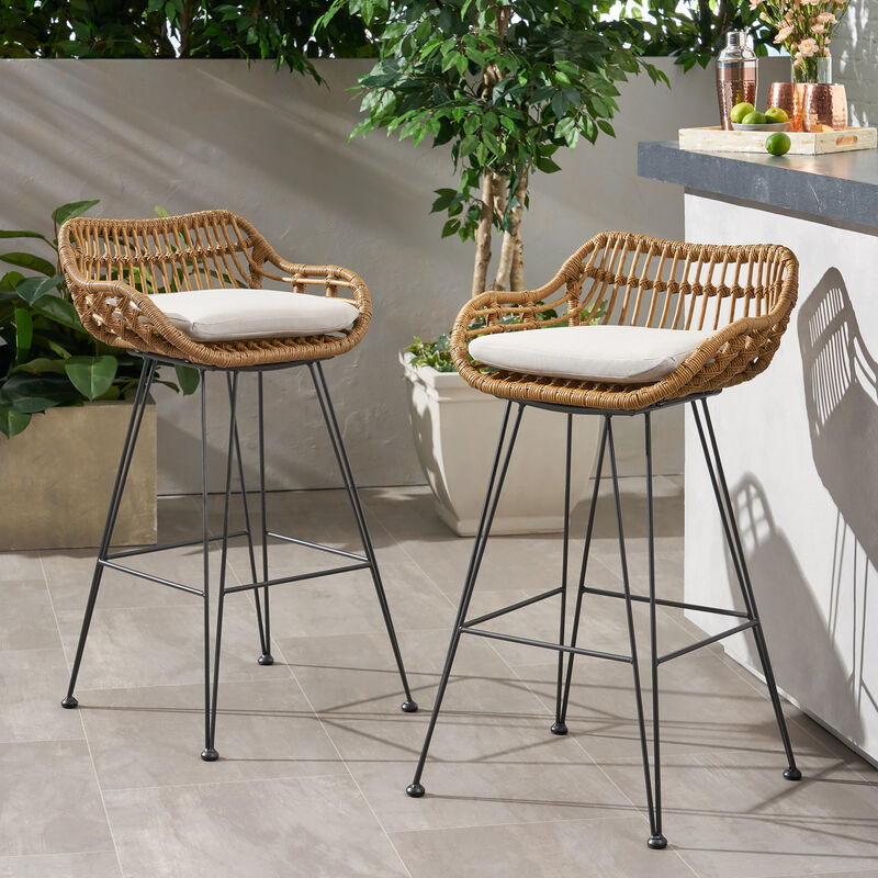 Merax Modern Outdoor Gray Wicker Barstools with Cushions (Set of 2)