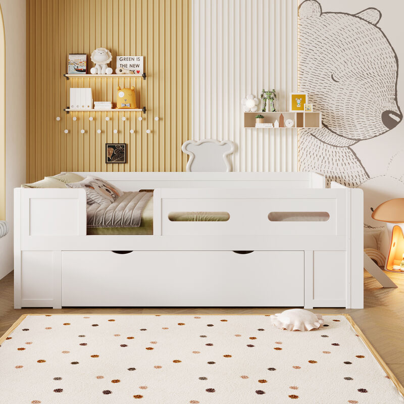 Merax Low Wood Platform Bed with Semi-Enclosed Guardrail & Storage Drawer image number 3