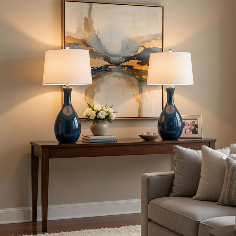 Table Lamp Set of 2, Off-White Drum Shade, Dark Blue Glass 29 Inch image number 1