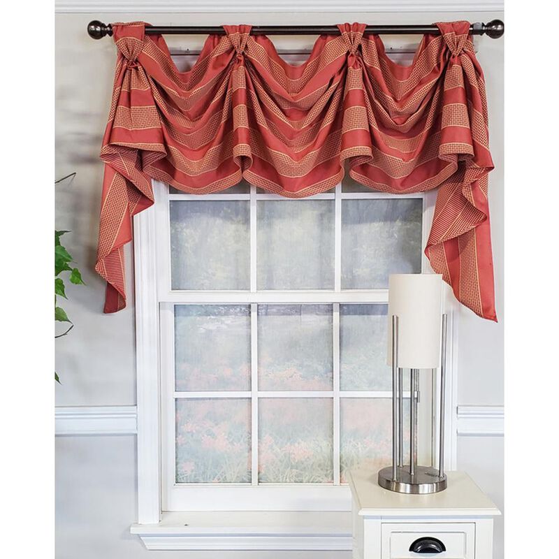 RLF Home Luxurious Modern Design Ribbon Stripe Victory Swag 3-Scoop Window Valance 50" x 25" Coral