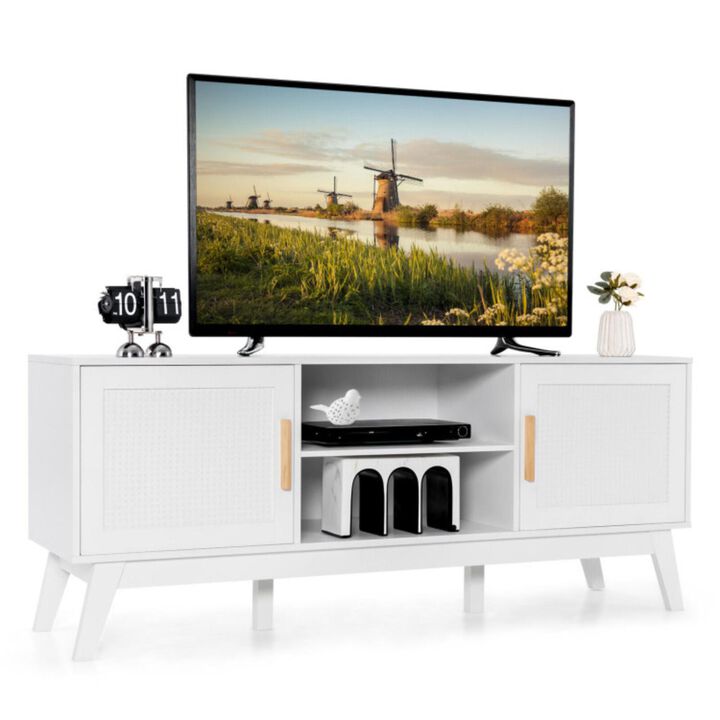 Hivvago TV Stand Entertainment Media Console with 2 Rattan Cabinets and Open Shelves-White