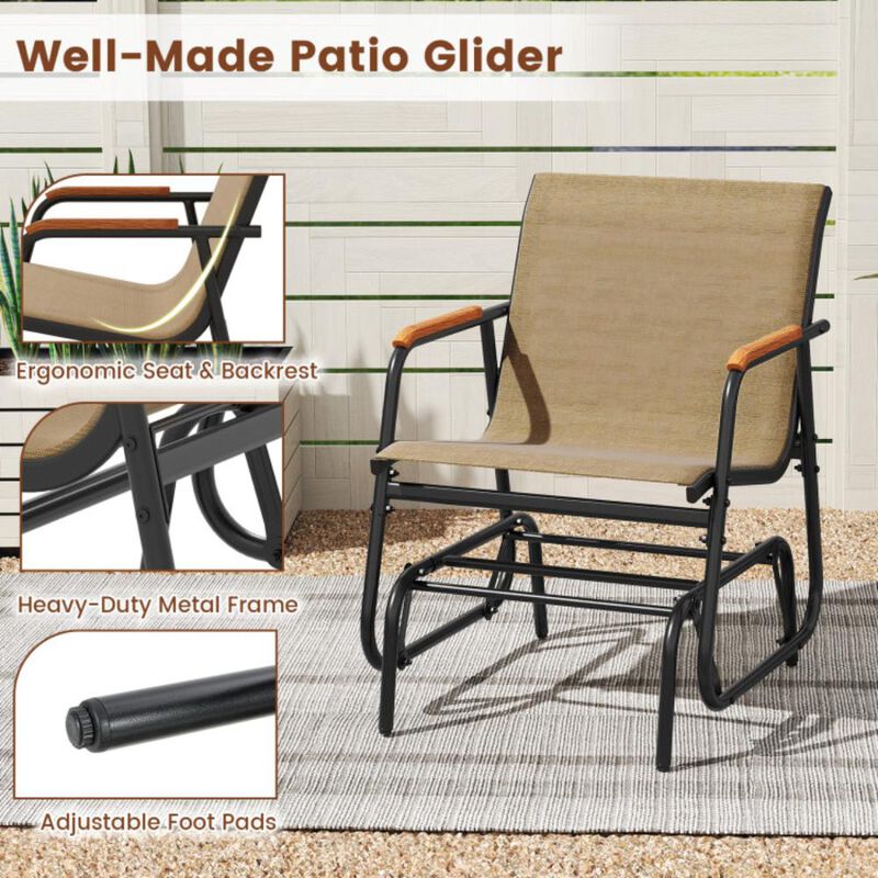 Hivvago Patio Glider Chair Set of 2 with Curved Teak Armrests and Breathable Fabric Seat