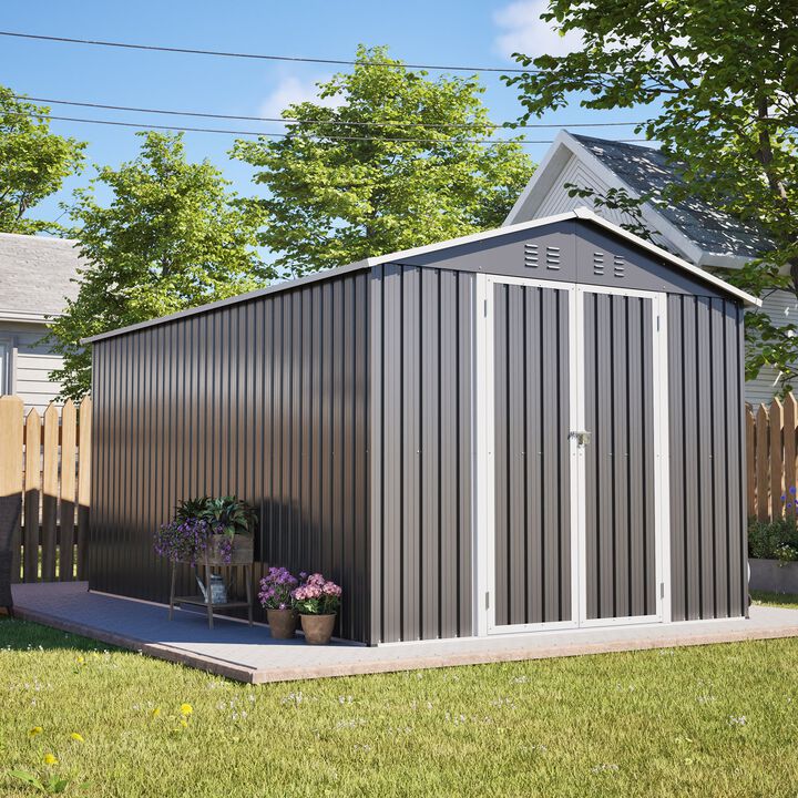 8x12 FT Outdoor Metal Storage Shed with Additional Side Door, Large Aluminum Tool Shed with 2 Lockable Doors,  Frame