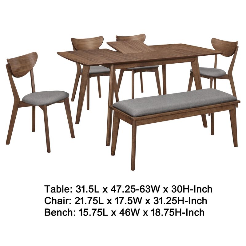 Relo 6pc Extendable Dining Table, Bench, 4 Chairs, Walnut Brown and Gray - Benzara