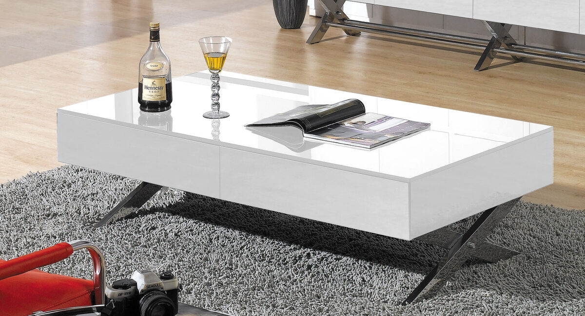 Coffee table with black glass top, white mirror glass sides, and chrome legs, 51" x 28" x16''H