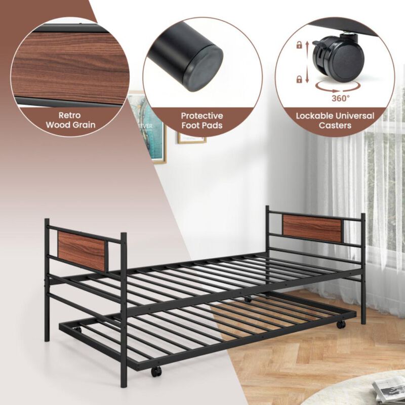 Hivvago Twin Size Metal Daybed with Trundle and Wood Grain Headboard