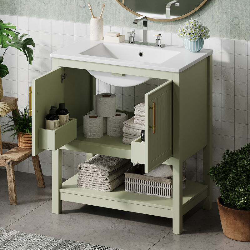 Whisen 30" Bathroom Storage Cabinet Bathroom Vanity with Ceramic Sink, Soft Close Doors and Open Shelf
