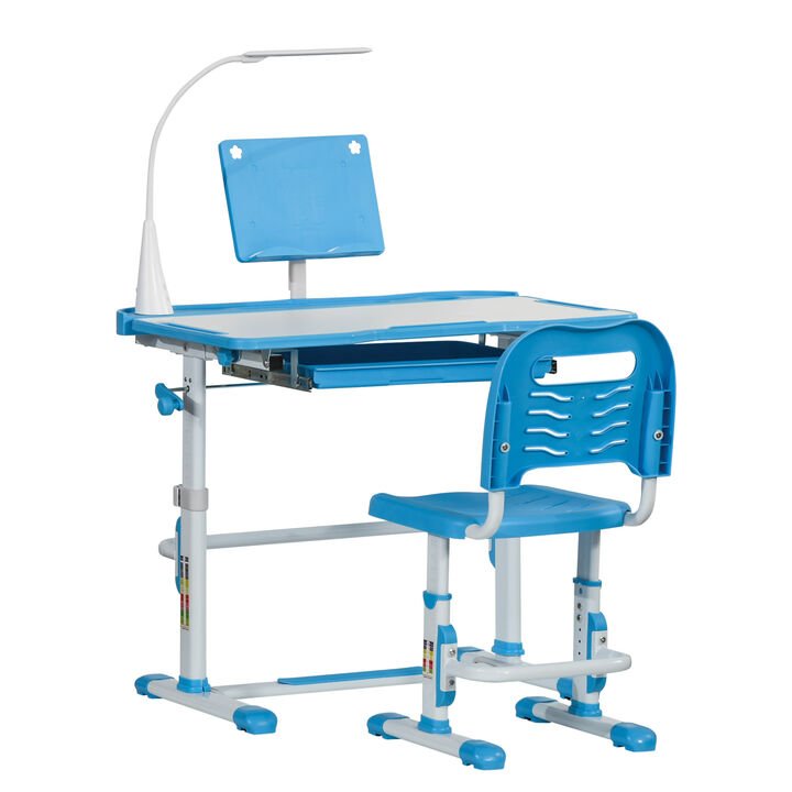 Kids Adjustable School Desk & Chair Set w/ Lamp, Tilt Desktop, Storage, Blue
