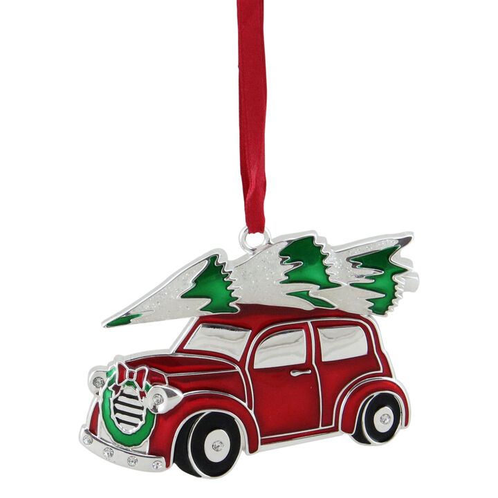 3.25” Red and White Car with Tree Christmas Ornament