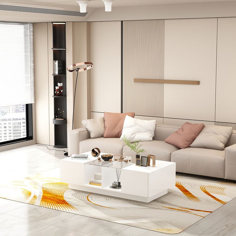 47.4 in. W White Rectangle Particle Board Wooden Coffee Table with 2 Drawers, Glass Table Top & 4 Open Shelves