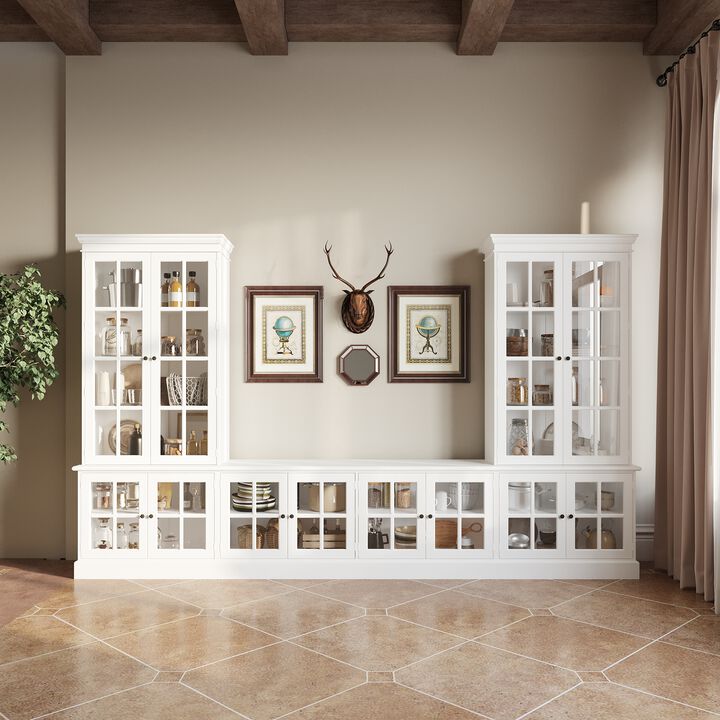 FUFU&GAGA Modern Glass-Door TV Cabinet with Vintage Metal Handles, Tempered Glass Display, and Solid Wood Feet, Water-Based Paint Finish, (125.2 in. W x 15.7 in. D x 76 in. H), White