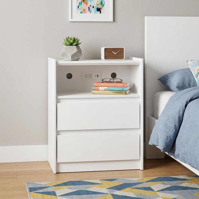 HomeRoots 24" White Wood Two Drawer Nightstand with USB Port and Integrated Tech image number 1